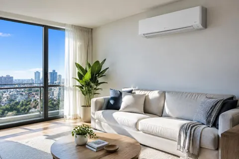 Quarto de casal com split hi-wall instalado no alto da parede em Bauru
